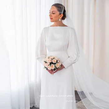 Простые шифоновые свадебные платья трапециевидной формы с вырезом лодочкой и длинными пышными рукавами, свадебное платье длиной до пола, пляжное платье невесты на заказ