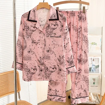 Розовый Принт Цветок 2 шт. Пижамный Комплект Пижамы Женская Мода Пижама Pour Femme Весна Осень Брюки Пижамный Костюм Атласная Домашняя Одежда