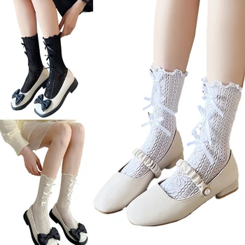 Женские носки с кружевными оборками, Средний носок в виде трубки, чулок с бантом, Носки с кружевной отделкой и оборками для леди-девочек