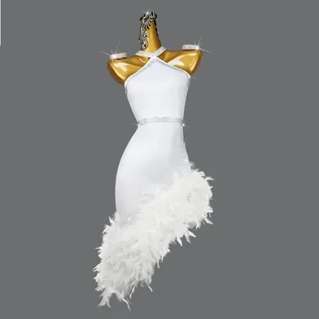 Новое Белое платье для профессиональных соревнований по латиноамериканским танцам, Сексуальное Женское выступление, Юбка из перьев, Одежда для бальных танцев, Женские костюмы