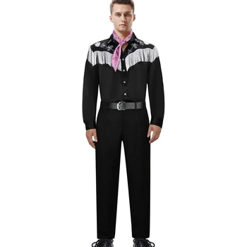 Полный комплект мужских костюмов с кисточками и вышивкой в стиле ретро, черная рубашка Кена 80-х, Брюки, Пояс, шарф, Маскарадная форма для косплея
