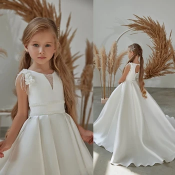 Простое белое свадебное платье с цветочным узором для девочек, атласные платья трапециевидной формы с 3D цветами, расшитые бисером, в складку на день рождения, праздничный халат, платья для Первого причастия