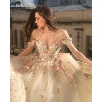 2023 Сказочное бальное платье для выпускного вечера, 3D Цветы, бисероплетение, Кружевные аппликации, Милая с открытыми плечами, официальное вечернее Праздничное платье