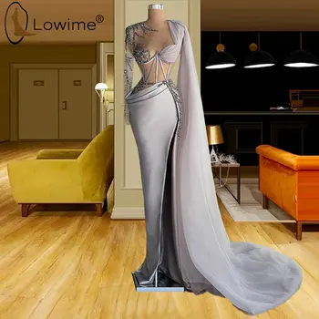 Сексуальные вечерние платья Русалки с иллюзией высокого разреза, на одно плечо, с длинным рукавом, расшитые бисером, Атласные Вечерние Женские платья для выпускного вечера 2021 года 0