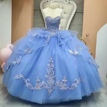 Небесно-голубое бальное платье с бисером, пышные платья с аппликацией в виде сердечка, 15