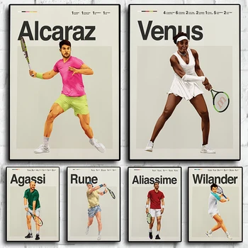 Легендарные Спортсмены Теннисный плакат Эстетический ATP Современный теннисный арт середины века для офиса Спальни Мяч Ретро Холст Печать Подарок