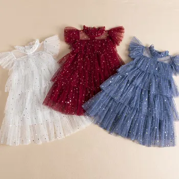 Милое платье принцессы с блестками для девочек, многослойный костюм для вечеринки по случаю Дня рождения Маленькой девочки, Летняя повседневная сетчатая одежда для девочек 3-8 лет, платье для девочек