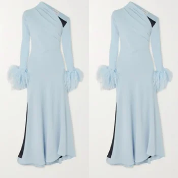 Элегантное светло-голубое вечернее платье на одно плечо с перьями, мусульманское платье-русалка с разрезом сбоку, вечернее платье Robe De Mariée для женщин 2023 г.