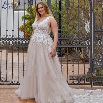 Красивые Элегантные свадебные платья без рукавов с V-образным вырезом, Очаровательные платья невесты с кружевной аппликацией, тюлевое платье трапециевидной формы с открытой спиной, Vestido De Noiva