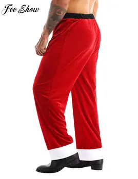 Красные мужские мягкие бархатные рождественские длинные брюки Санта-Клауса для взрослых, костюм для косплея, Свободные брюки, клубная одежда