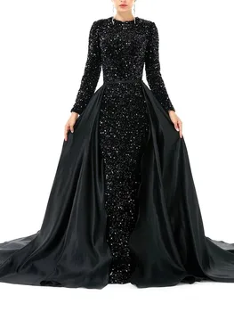 Черное платье Русалки для выпускного вечера, верхняя юбка с длинным рукавом, расшитое драгоценными камнями, Женские вечерние нарядные платья, вечерний халат De Soiree