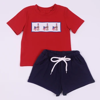 4 июля, Новый стиль, Летний комплект одежды для маленьких мальчиков, голубой топ, шорты в красную полоску, Хлопковый бутик, Детская праздничная одежда