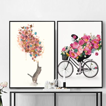 Девушка в Скандинавском стиле, Цветочный Велосипед, Абстрактная Настенная живопись, холст, Скандинавская Кошка, Пойманная Бабочка, Плакаты, Принты для гостиной
