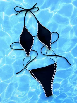 Черный купальник с V-образным вырезом в стиле пэчворк, цельный купальник с открытой спиной, винтажный женский купальник-монокини 2