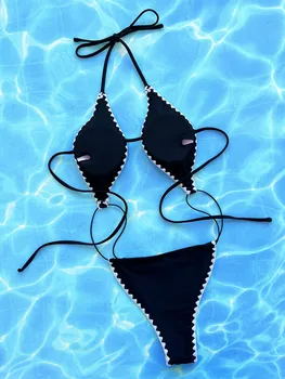 Черный купальник с V-образным вырезом в стиле пэчворк, цельный купальник с открытой спиной, винтажный женский купальник-монокини 4