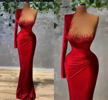 Сексуальные Элегантные красные платья русалки для выпускного вечера с длинным рукавом на одно плечо для женщин, плиссированные платья для вечерних представлений длиной до пола, сшитые на заказ