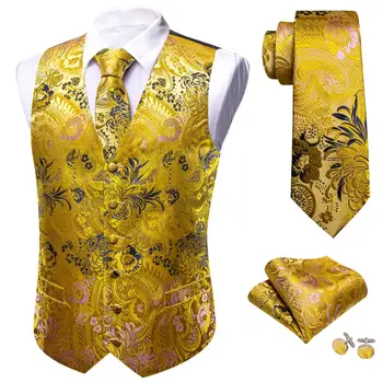 Винтажный элегантный шелковый жилет из желтого золота для мужчин, платье, жилет, галстук, Набор носовых платков, свадебные вечерние костюмы, мужской жилет Barry Wang