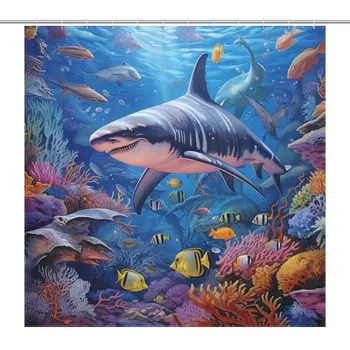 Подводный океан MarineLife Тропические рыбы Занавески для ванны Коралловая черепаха Морское животное Полиэфирная ткань Водонепроницаемая Ванная комната 12шт крючков