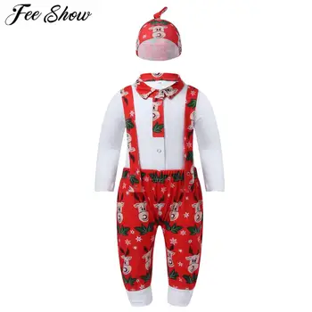 Комбинезон для маленьких мальчиков, штаны на подтяжках, Рождественский костюм с длинными рукавами и принтом лося, рубашка со шляпой, комплект новогоднего костюма