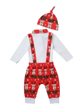 Комбинезон для маленьких мальчиков, штаны на подтяжках, Рождественский костюм с длинными рукавами и принтом лося, рубашка со шляпой, комплект новогоднего костюма 1