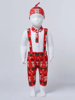 Комбинезон для маленьких мальчиков, штаны на подтяжках, Рождественский костюм с длинными рукавами и принтом лося, рубашка со шляпой, комплект новогоднего костюма 2