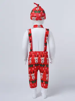 Комбинезон для маленьких мальчиков, штаны на подтяжках, Рождественский костюм с длинными рукавами и принтом лося, рубашка со шляпой, комплект новогоднего костюма 3