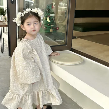 Весенне-осеннее платье для девочек, качественное платье, повседневное платье с рукавами-пузырями, модное платье принцессы в корейском стиле с милой длинной юбкой для вечеринок