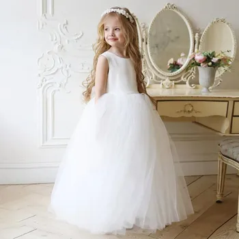 Простое бальное платье с цветочным узором для девочек, вечерние платья из белого тюля для маленьких девочек, пышное платье принцессы для первого причастия без рукавов