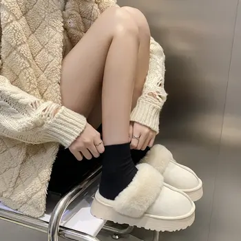 Толстая меховая зимняя роскошная теплая обувь, тапочки на платформе и каблуке, повседневные хлопчатобумажные домашние ботинки-слайды 2023, Новая плюшевая женская обувь