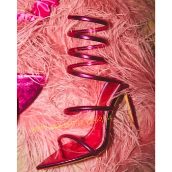 Фиолетовые металлические босоножки с запахом на заостренном каблуке, женские трендовые вечерние туфли на высоком каблуке с тонким ремешком, женские босоножки большого размера цвета фуксии