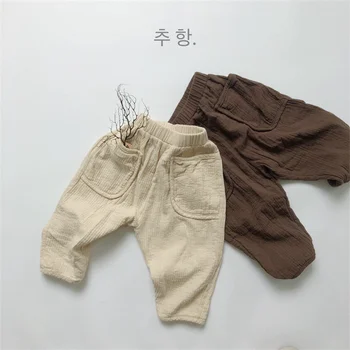 Осенне-зимние детские хлопковые и льняные брюки для мальчиков и девочек, штаны в полоску в стиле ретро, повседневные брюки.