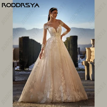 Свадебные платья принцессы РОДДРСИИ для женщин, Элегантное свадебное платье из тюля с длинным рукавом, иллюзия, платье на пуговицах сзади, Vestido Novia Boda Civil