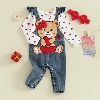 Комплект одежды на День Святого Валентина для новорожденной девочки SHUING, комбинезон с длинными рукавами и принтом сердца, джинсовый комбинезон с вышивкой Медведя