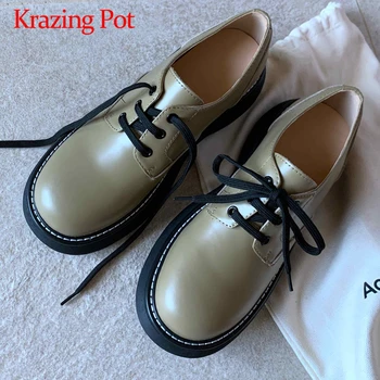 Krazing Pot элегантный дизайн, толстая подошва, платформа из натуральной коровьей кожи, шитье, круглый носок, высокий каблук, шнуровка, повседневная одежда, модные туфли-лодочки L03