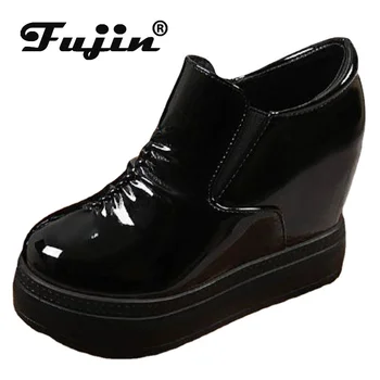 Fujin 10 см 2024, Женская обувь из лакированной микрофибры, Рим, ботильоны на скрытом каблуке с круглым носком, осень-весна, модная обувь высокого бренда