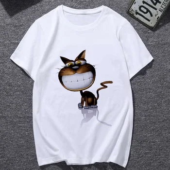 Новая художественная футболка с принтом кота, женская мода Harajuku, футболка с коротким рукавом, Белая Тонкая футболка размера плюс, женские Топы, одежда 2