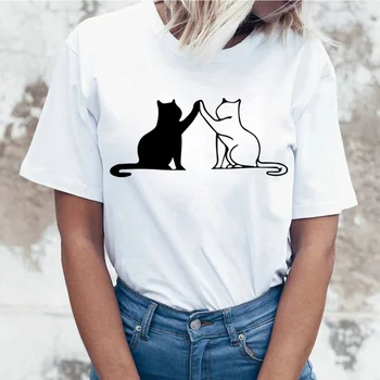 Футболки с милым котом для женщин, летняя футболка, женские повседневные топы с коротким рукавом и круглым вырезом, футболки