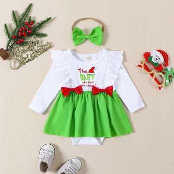 Рождественский комбинезон для маленьких девочек, платье-комбинезон с принтом Зеленого Монстра, Тюлевое платье принцессы с длинным рукавом, комбинезон с бантом на голове