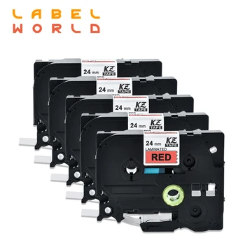 Label World 24 мм лента для этикеток TZe черного цвета на красном tze-451, совместимая с лентой для принтера этикеток brother P-TOUCH, 5 УПАКОВОК
