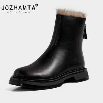 JOZHAMTA, размер 33-43, 2024, женские ботильоны из натуральной кожи, теплые шерстяные зимние ботинки на плоской подошве, высокие плюшевые мотоциклетные ботинки, обувь