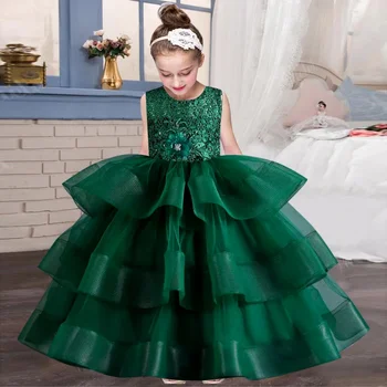 Новое платье для девочек от 4 до 12 лет, пышное платье для торта из цветочного тюля, пышное платье для фортепиано, вечернее платье для банкета высокого класса для девочек