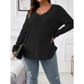 Весенне-осенняя женская новая блузка, однотонный сексуальный пуловер с V-образным вырезом и длинными рукавами, футболка в полоску 0