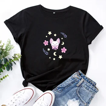 Повседневная Летняя хлопковая повседневная футболка Camiseta Mujer, женская футболка с аниме-графикой, топ моды с рисунком листьев и звезд Сакуры 0