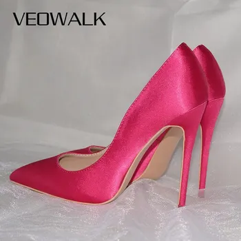 Veowalk Ярко-розовые женские Шелковые атласные туфли на чрезвычайно высоком каблуке, пикантные женские туфли-лодочки на шпильке с острым носком, свадебные туфли для подружек невесты