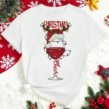Ура, рождественские бокалы для вина и принт оленя, новые модные женские рождественские топы, футболка с коротким рукавом, женская рубашка с Новым годом.