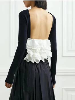 Объемное украшение в виде лепестков, женская одежда с открытой спиной, шикарные сексуальные топы черного и белого цветов y2k, облегающие топы с длинными рукавами