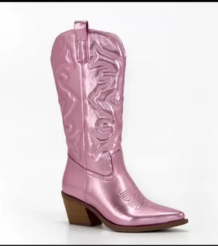 Розовые ковбойские Ковбойские сапоги в стиле вестерн для женщин 2023, расшитые молнией, с острым носком и наборным каблуком до середины икры, Осенние модные сапоги и обувь