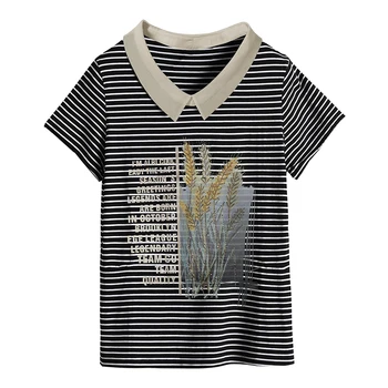 Летняя полосатая футболка с короткими рукавами Для женщин, дамы среднего возраста, полосатые топы, женские футболки с вышивкой