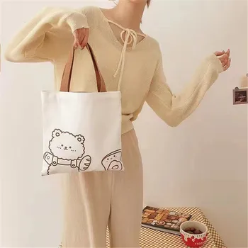 Женская маленькая холщовая сумочка, милый медведь, простая сумка-тоут, сумки из хлопчатобумажной ткани, хозяйственная сумка, милые продуктовые сумки через плечо для девочек