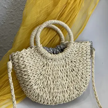 2023 Женская сумка Соломенная тканая сумка Тканая сумка через плечо с одним плечом, полукруглая сумка из плетеной лозы, соломенная тканая сумка, пляжная сумка
